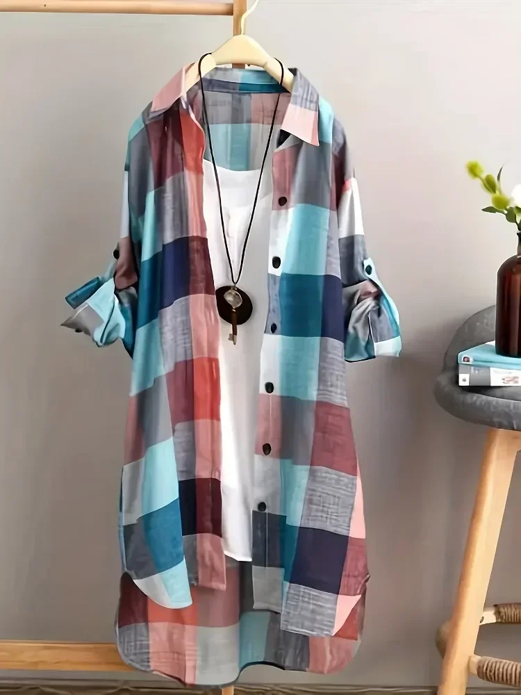 Plus Size 1XL-5XL Women's Casual Blouse Lapel Collar Longline Shirt Top Plaid Print Button Up Roll Up Long Sleeve Shirt