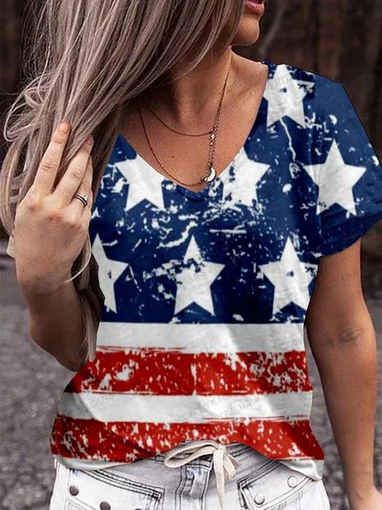 American Flag 3d Print T-shirt Women Fashion V-Neck T-shirts Short Sleeve Tops Tees Loose Casual Tees Vintage Camisetas USA Flag