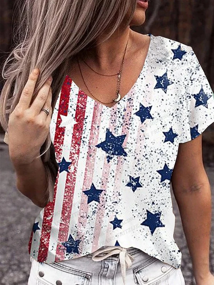 American Flag 3d Print T-shirt Women Fashion V-Neck T-shirts Short Sleeve Tops Tees Loose Casual Tees Vintage Camisetas USA Flag