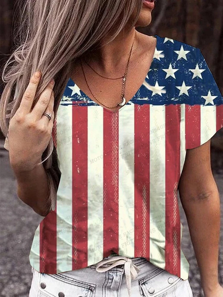 American Flag 3d Print T-shirt Women Fashion V-Neck T-shirts Short Sleeve Tops Tees Loose Casual Tees Vintage Camisetas USA Flag