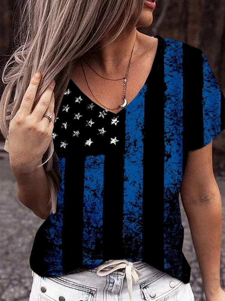 American Flag 3d Print T-shirt Women Fashion V-Neck T-shirts Short Sleeve Tops Tees Loose Casual Tees Vintage Camisetas USA Flag