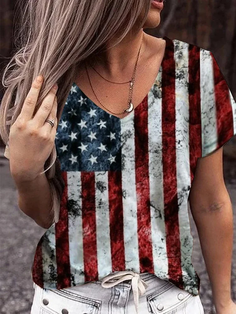 American Flag 3d Print T-shirt Women Fashion V-Neck T-shirts Short Sleeve Tops Tees Loose Casual Tees Vintage Camisetas USA Flag