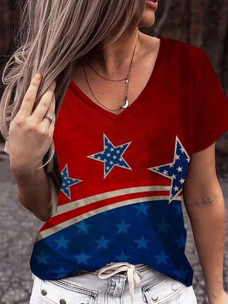 American Flag 3d Print T-shirt Women Fashion V-Neck T-shirts Short Sleeve Tops Tees Loose Casual Tees Vintage Camisetas USA Flag