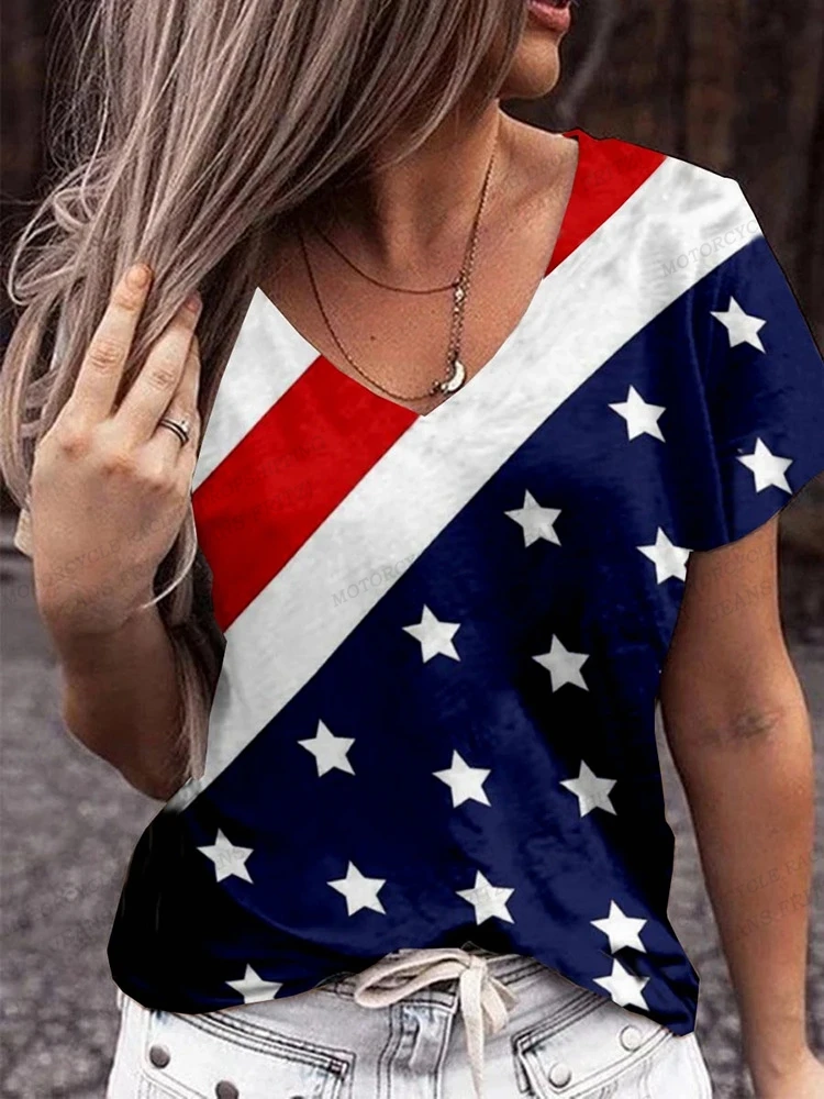 American Flag 3d Print T-shirt Women Fashion V-Neck T-shirts Short Sleeve Tops Tees Loose Casual Tees Vintage Camisetas USA Flag