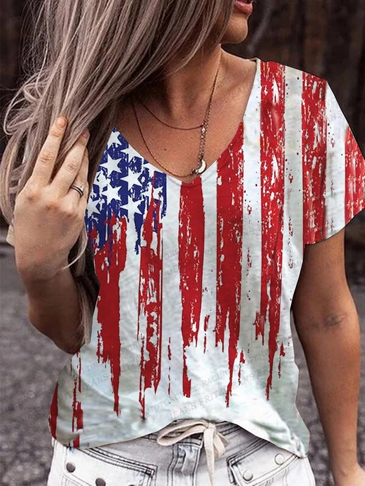 American Flag 3d Print T-shirt Women Fashion V-Neck T-shirts Short Sleeve Tops Tees Loose Casual Tees Vintage Camisetas USA Flag