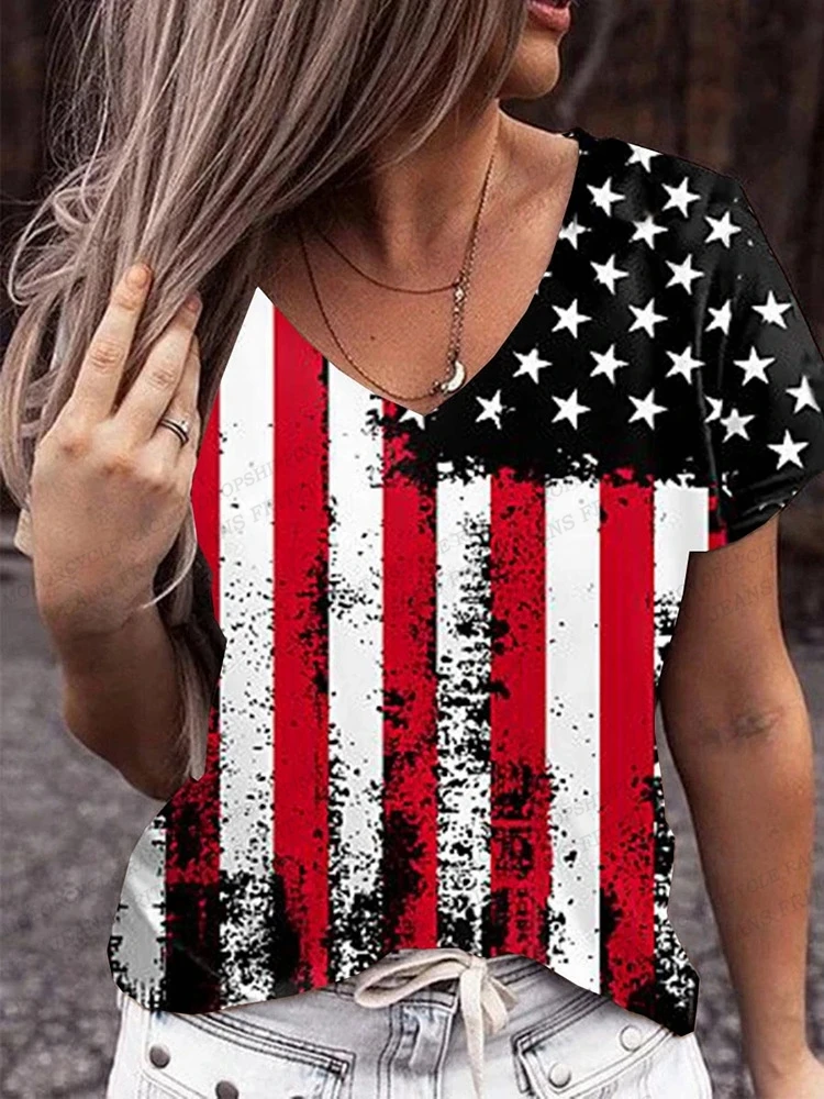 American Flag 3d Print T-shirt Women Fashion V-Neck T-shirts Short Sleeve Tops Tees Loose Casual Tees Vintage Camisetas USA Flag