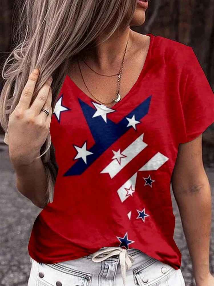 American Flag 3d Print T-shirt Women Fashion V-Neck T-shirts Short Sleeve Tops Tees Loose Casual Tees Vintage Camisetas USA Flag