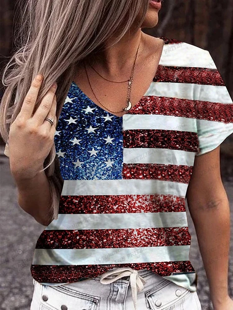 American Flag 3d Print T-shirt Women Fashion V-Neck T-shirts Short Sleeve Tops Tees Loose Casual Tees Vintage Camisetas USA Flag