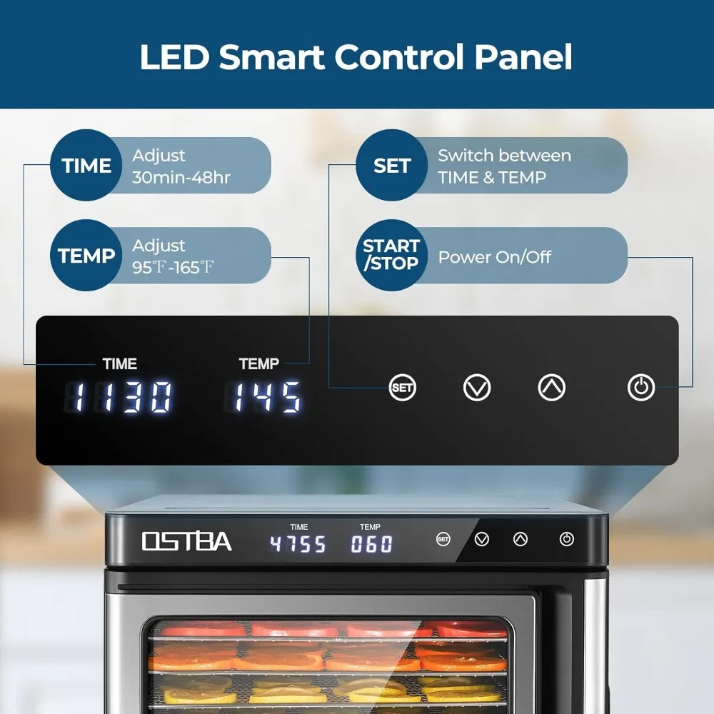 Food and Jerky, Herbs, Veggies, Fruits, Adjustable Temperature and 48H Timer, Overheat Protection, 1000W, Recipe Book Included