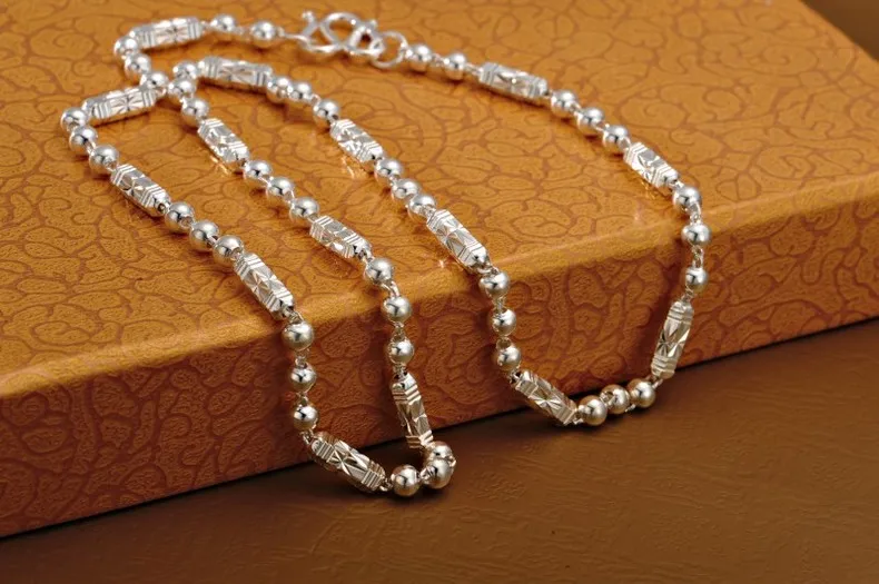 Real 999 Pure Fine Silver Necklace Women Men 4mm/5mm/6mm/7mm/8mm Hexagonal Beaded Link Chain Many Size Can Choose