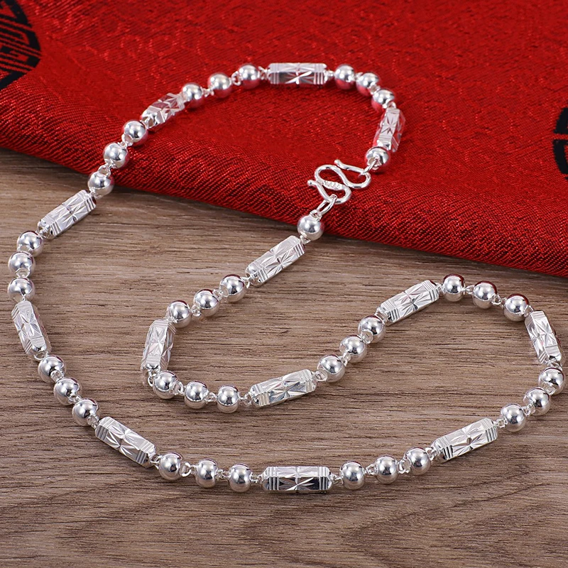 Real 999 Pure Fine Silver Necklace Women Men 4mm/5mm/6mm/7mm/8mm Hexagonal Beaded Link Chain Many Size Can Choose