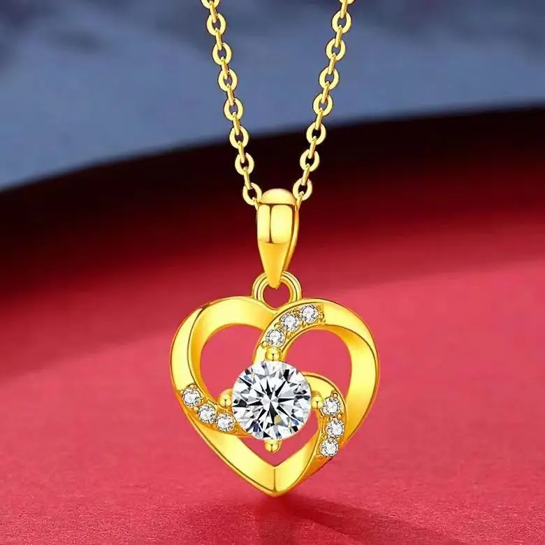 24k real gold diamond heart necklace fashion new pendant AU999 gold jewelry pure gold necklace metal stamp