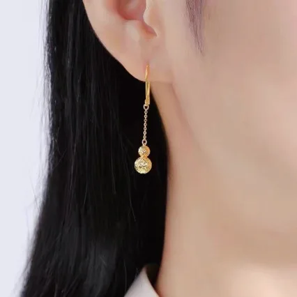 New 999 pure gold earrings for women long tassel real gold earrings leaves 24K ear hook gourd AU750 transfer bead jewelry