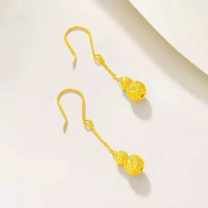 New 999 pure gold earrings for women long tassel real gold earrings leaves 24K ear hook gourd AU750 transfer bead jewelry