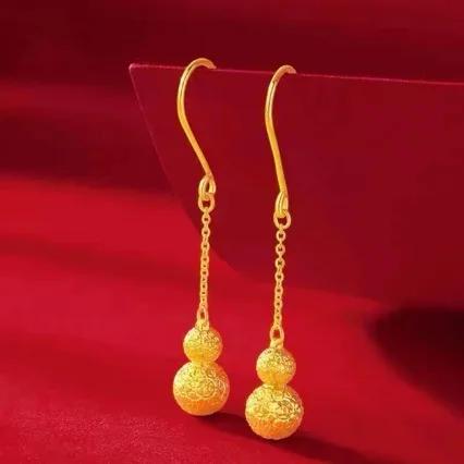 New 999 pure gold earrings for women long tassel real gold earrings leaves 24K ear hook gourd AU750 transfer bead jewelry