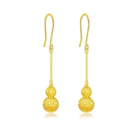 New 999 pure gold earrings for women long tassel real gold earrings leaves 24K ear hook gourd AU750 transfer bead jewelry