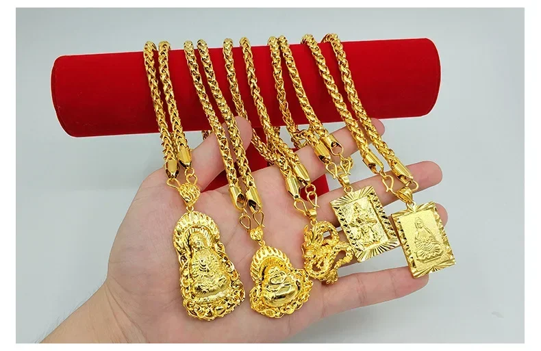 9999 24K real gold men's jewelry necklace with hollowed out Guanyin Golden Dragon brand