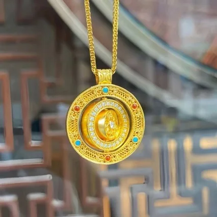 24k pure gold necklace full of blessings AU999 rotating colorful filament compass necklace turquoise disc 999 gold pendant