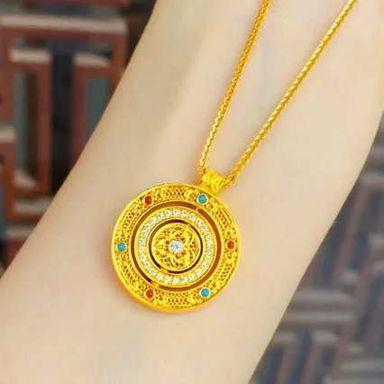 24k pure gold necklace full of blessings AU999 rotating colorful filament compass necklace turquoise disc 999 gold pendant