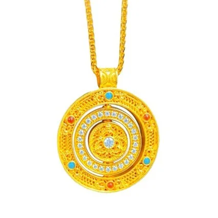 24k pure gold necklace full of blessings AU999 rotating colorful filament compass necklace turquoise disc 999 gold pendant