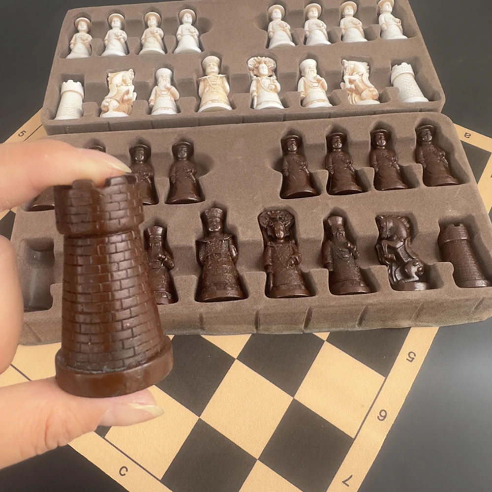 Big Vintage Chess 3d Qing Army Pieces Leather Chessboard Gypsum + Resin Pieces Game Box 40*19cm/15.7*7.5 Inch