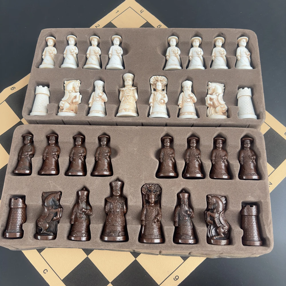 Big Vintage Chess 3d Qing Army Pieces Leather Chessboard Gypsum + Resin Pieces Game Box 40*19cm/15.7*7.5 Inch