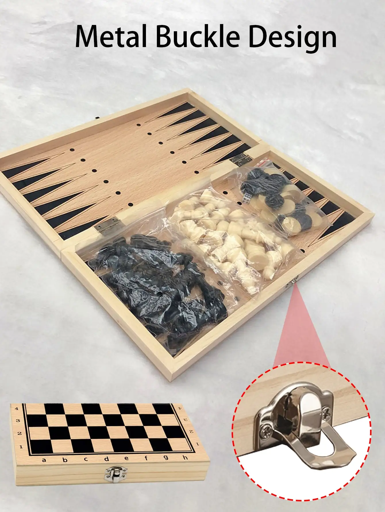 A set of three in one wooden chess solid wood set, foldable portable chessboard puzzle toy