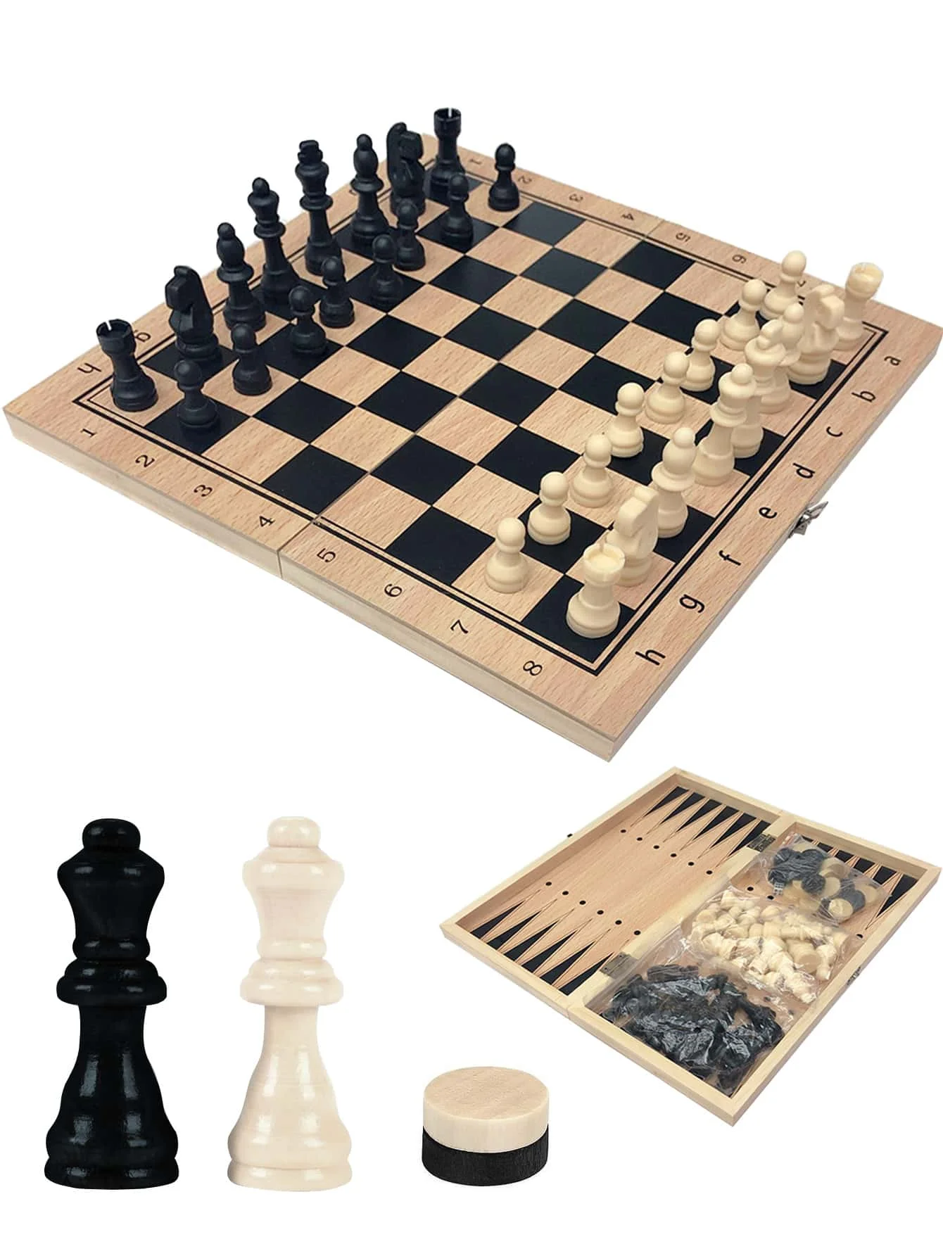 A set of three in one wooden chess solid wood set, foldable portable chessboard puzzle toy