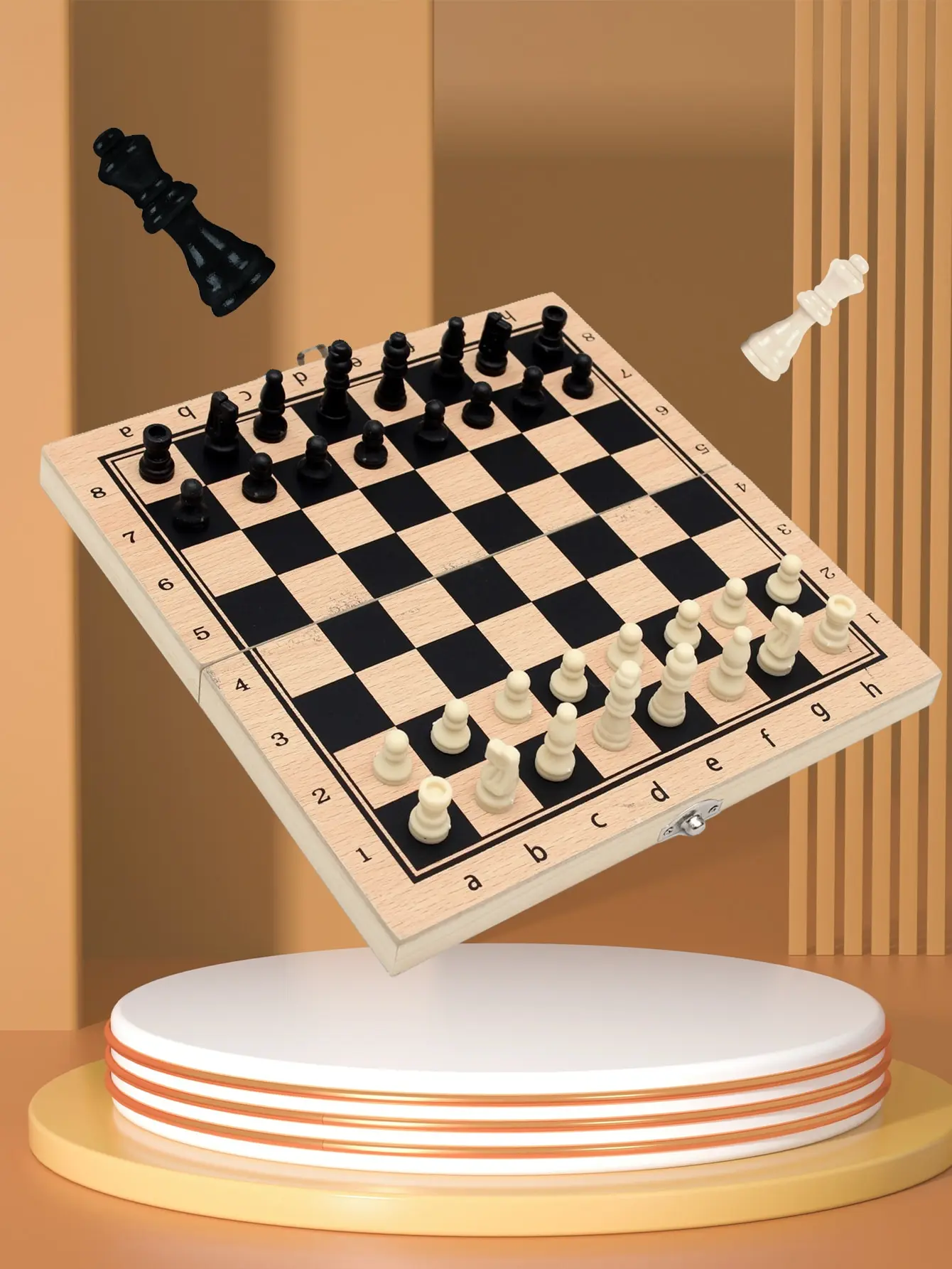 A set of three in one wooden chess solid wood set, foldable portable chessboard puzzle toy