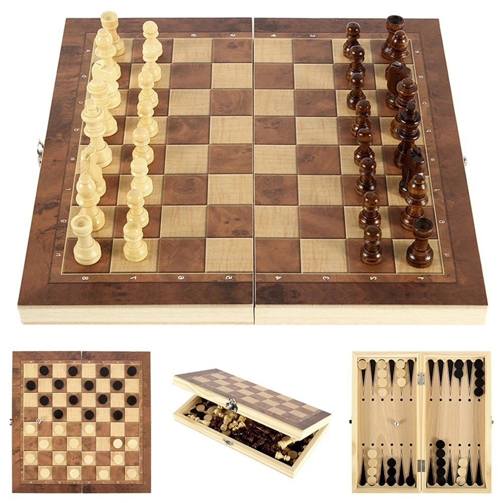 3 in 1 Chess Board Sets Folding Storage Wooden Exquisite Chess Set Chess and Checkers Game Set Travel Chess Sets