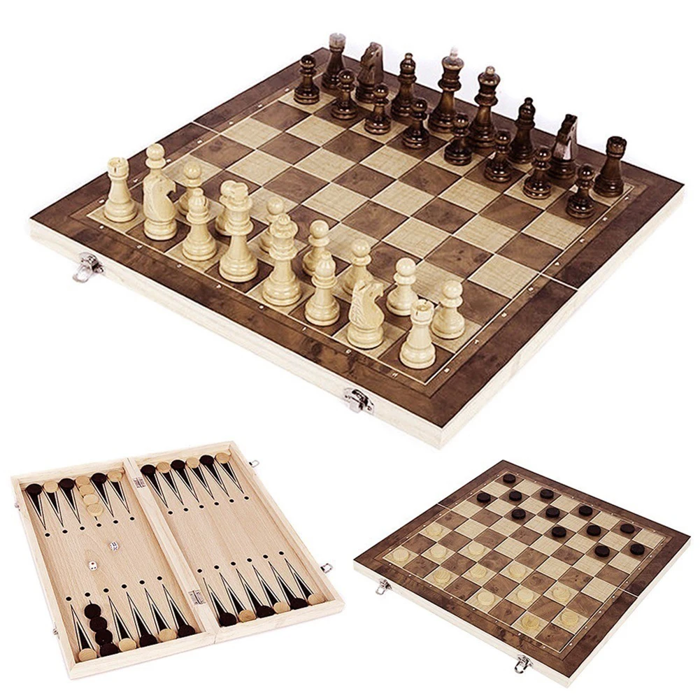 3 in 1 Chess Board Sets Folding Storage Wooden Exquisite Chess Set Chess and Checkers Game Set Travel Chess Sets