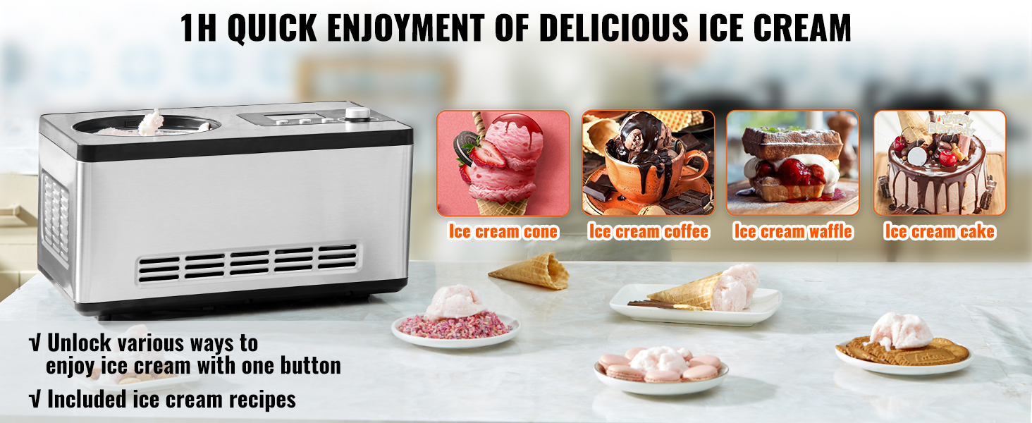 VEVOR Automatic Ice Cream Maker with Built-in Compressor 2 Quart No Pre-freezing Fruit Yogurt Machine Electric Sorbet Maker