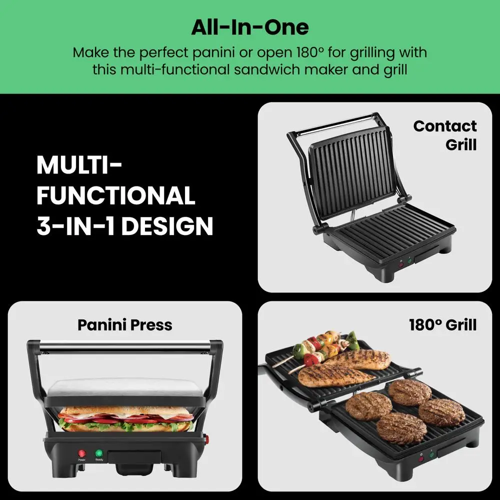 3-in-1 Panini Press Grill Contact Electric Indoor Griddle Sandwich Maker 9x9.5 inch Plates Non-Stick Drip Tray RJ02-180-4-R