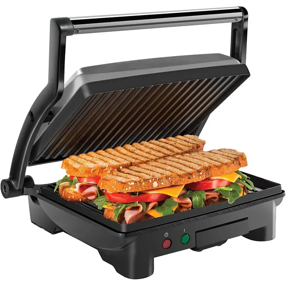 3-in-1 Panini Press Grill Contact Electric Indoor Griddle Sandwich Maker 9x9.5 inch Plates Non-Stick Drip Tray RJ02-180-4-R