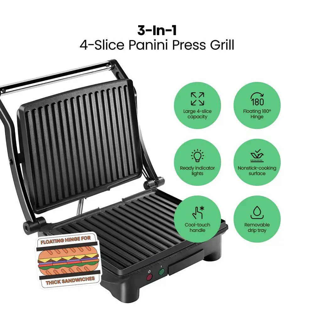 3-in-1 Panini Press Grill Contact Electric Indoor Griddle Sandwich Maker 9x9.5 inch Plates Non-Stick Drip Tray RJ02-180-4-R