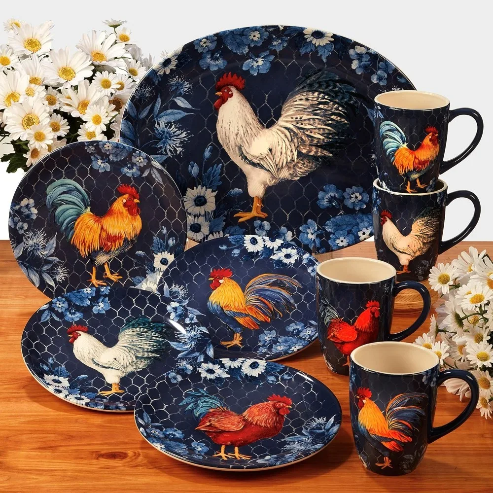 Certified International Indigo Rooster 16 pc Dinnerware Set, Service for 4, Multicolor