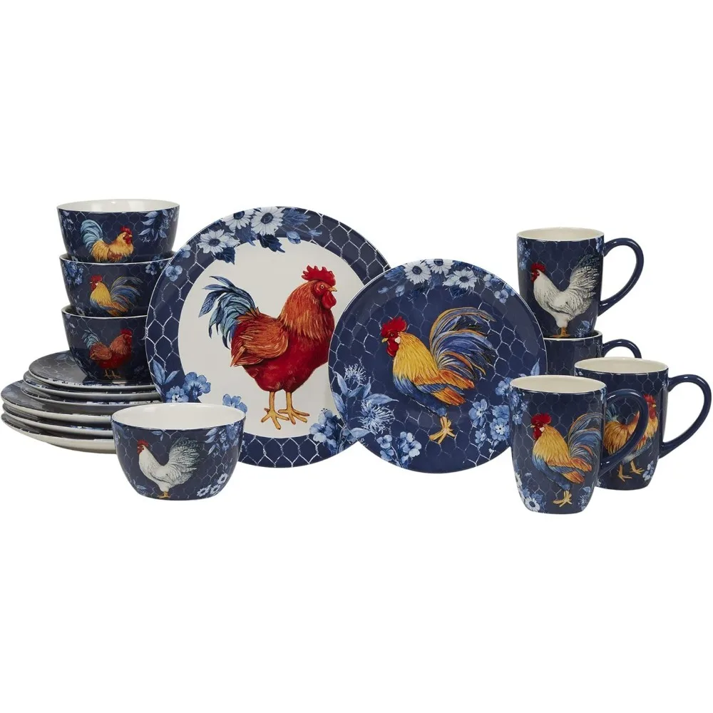 Certified International Indigo Rooster 16 pc Dinnerware Set, Service for 4, Multicolor