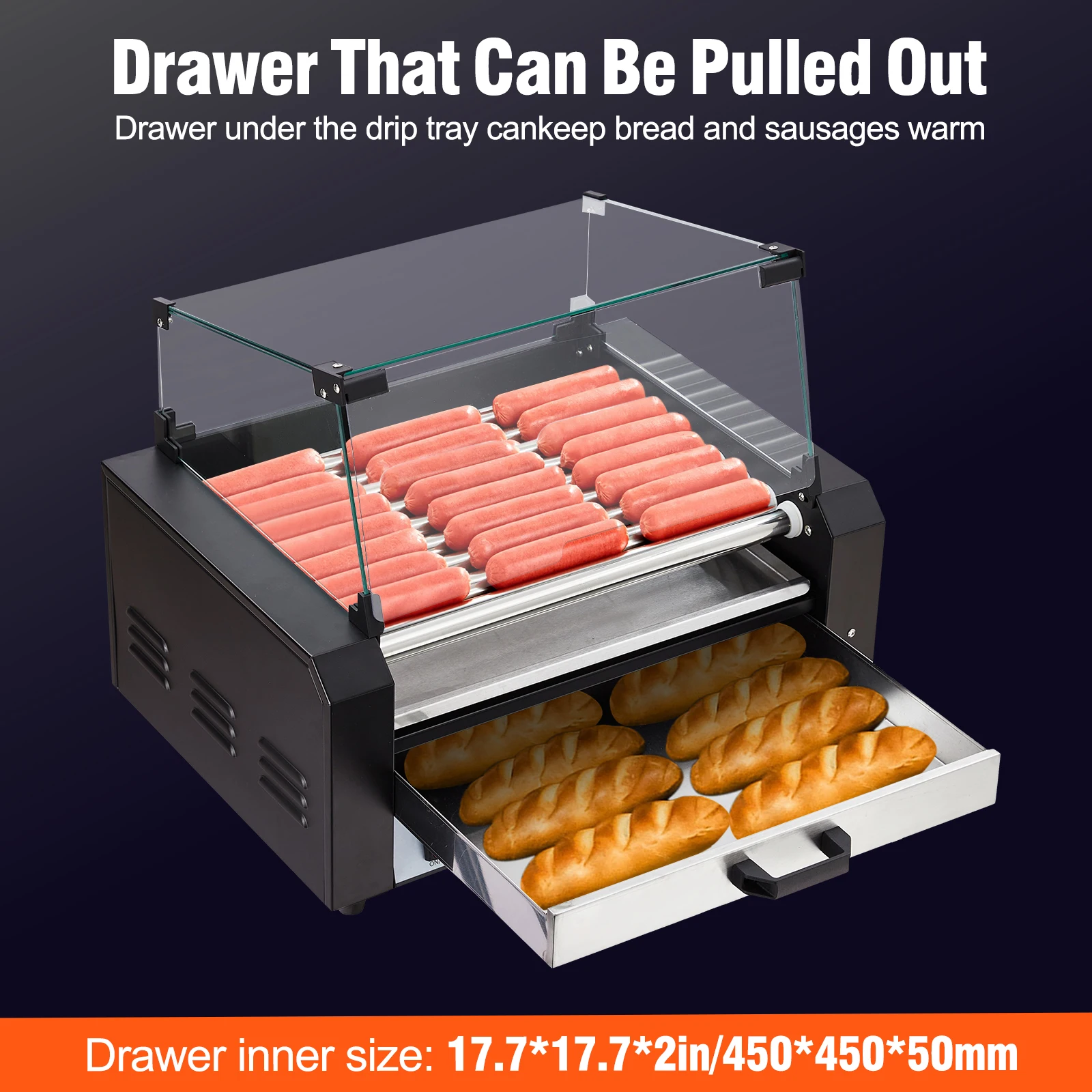 Hot Dog Roller Sausage Grill Cooker Machine 9 Rollers 24 Hot Dogs Capacity with Removable Oil Drip Tray Dual Temp Control