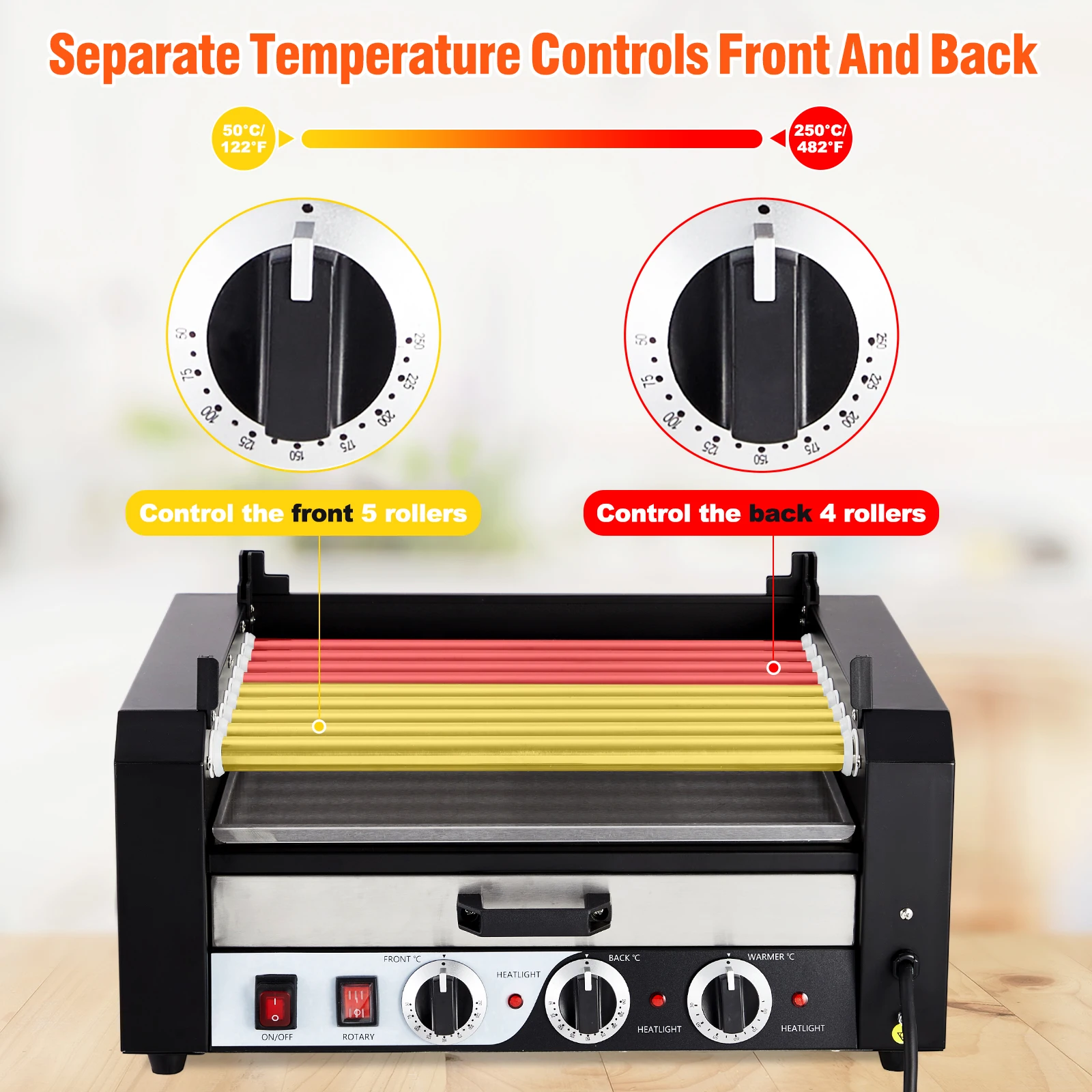 Hot Dog Roller Sausage Grill Cooker Machine 9 Rollers 24 Hot Dogs Capacity with Removable Oil Drip Tray Dual Temp Control