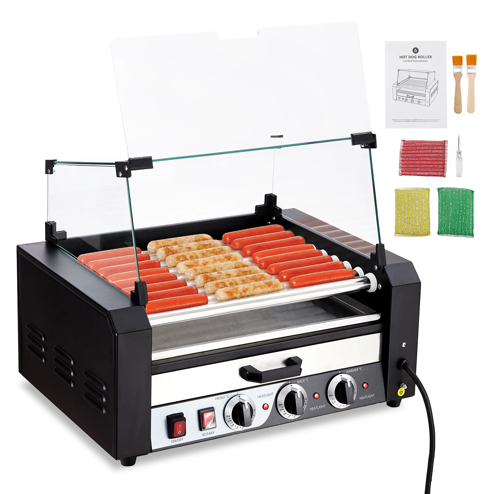 Hot Dog Roller Sausage Grill Cooker Machine 9 Rollers 24 Hot Dogs Capacity with Removable Oil Drip Tray Dual Temp Control