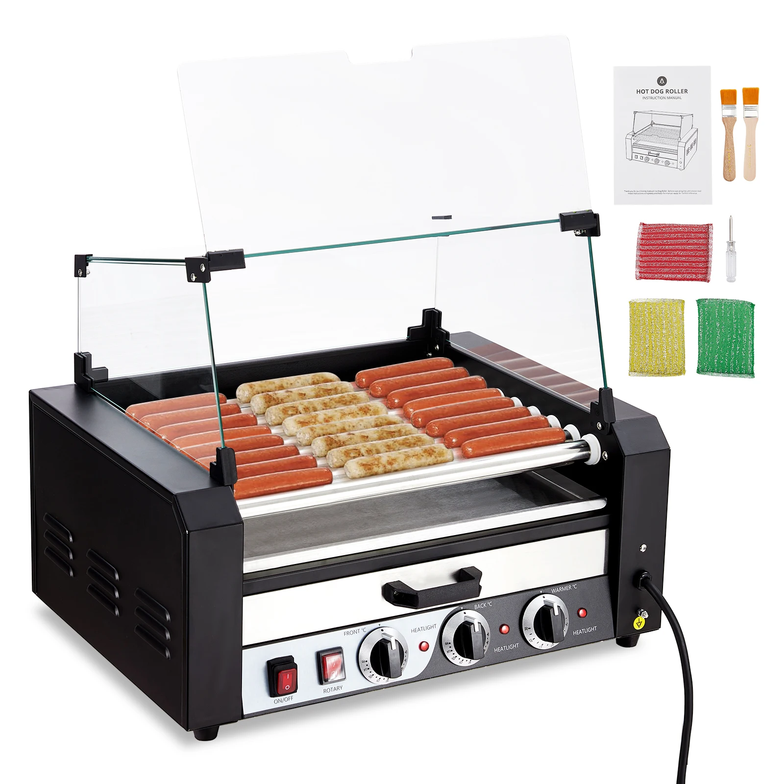 Hot Dog Roller Sausage Grill Cooker Machine 9 Rollers 24 Hot Dogs Capacity with Removable Oil Drip Tray Dual Temp Control