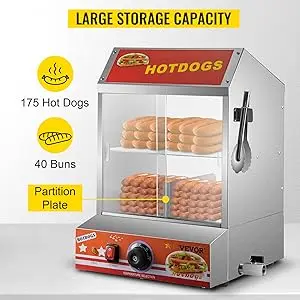 Hot Dog Steamer, 27L/28.54Qt, 2-Tier Hut Steamer for 175 Hot Dogs & 40 Buns, Electric Bun Warmer Cooker with Tempered Glas