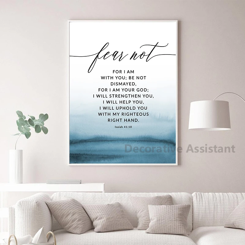 Bible Verse Isaiah 41:10 Fear Not Quote Canvas Painting Print Christian Wall Decorative Picture Blue Scripture Poster Home Decor