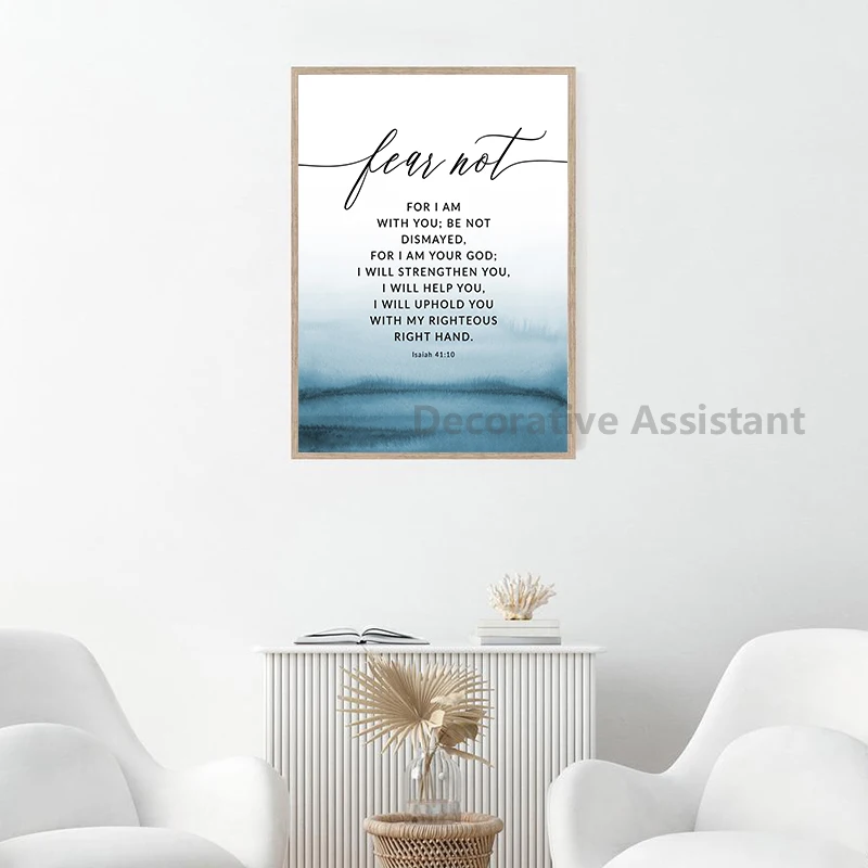 Bible Verse Isaiah 41:10 Fear Not Quote Canvas Painting Print Christian Wall Decorative Picture Blue Scripture Poster Home Decor