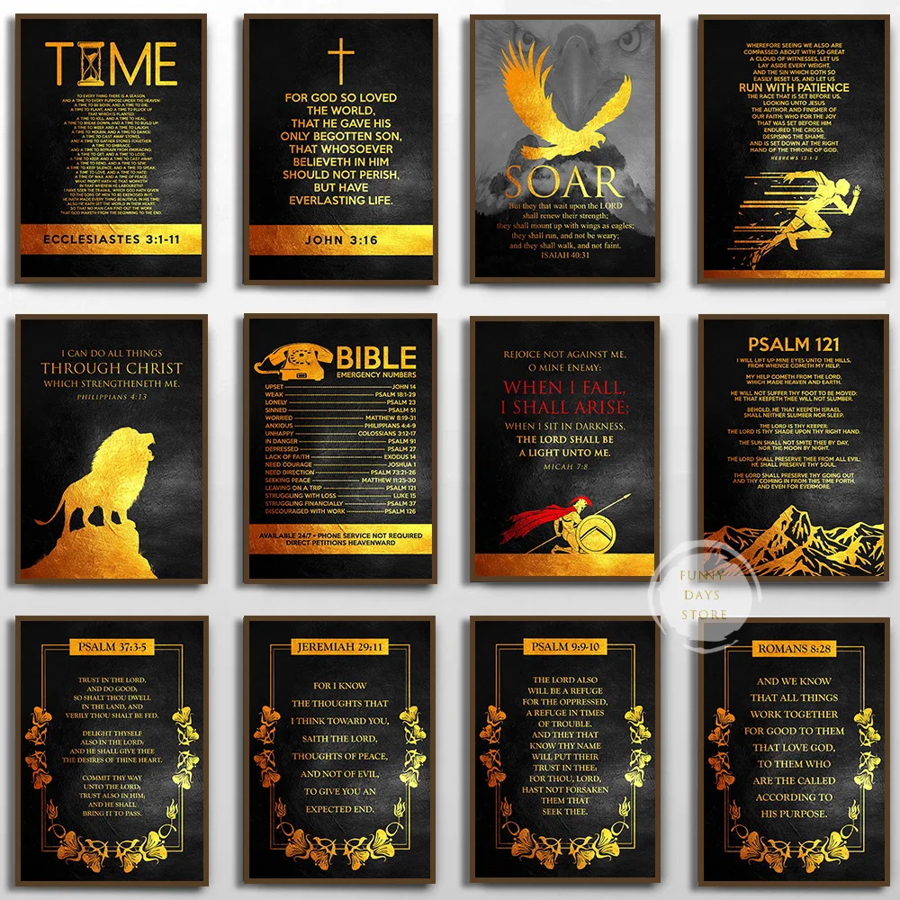 Bible Verses Gold Posters and Prints Psalm Proverbs Romans Motivational Wall Art HD Picture Lion Owl Canvas Painting Home Decor