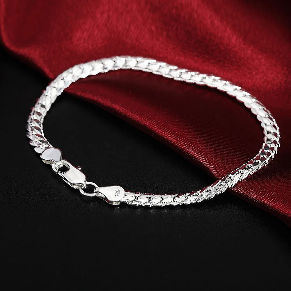 BAYTTLING 925 Sterling Silver Bracelet 5mm 20cm Flat Side Chain Bracelet Lobster Clasp For Woman Man Wedding Engagement Jewelry