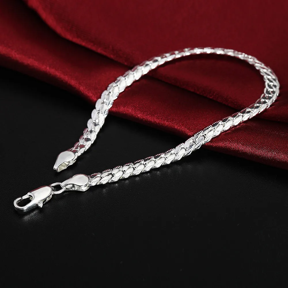 BAYTTLING 925 Sterling Silver Bracelet 5mm 20cm Flat Side Chain Bracelet Lobster Clasp For Woman Man Wedding Engagement Jewelry