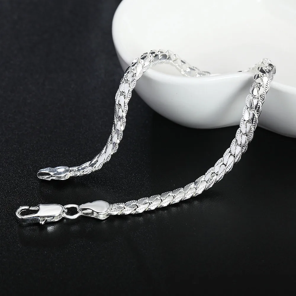 BAYTTLING 925 Sterling Silver Bracelet 5mm 20cm Flat Side Chain Bracelet Lobster Clasp For Woman Man Wedding Engagement Jewelry