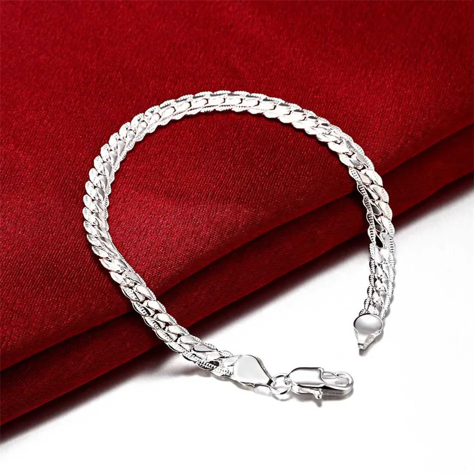 BAYTTLING 925 Sterling Silver Bracelet 5mm 20cm Flat Side Chain Bracelet Lobster Clasp For Woman Man Wedding Engagement Jewelry