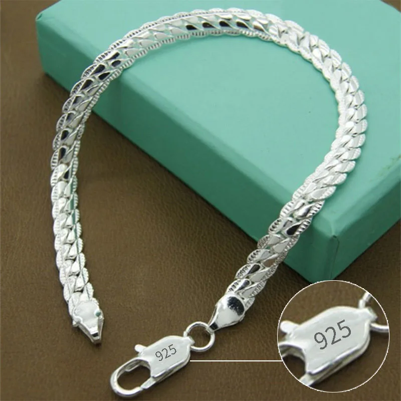 BAYTTLING 925 Sterling Silver Bracelet 5mm 20cm Flat Side Chain Bracelet Lobster Clasp For Woman Man Wedding Engagement Jewelry